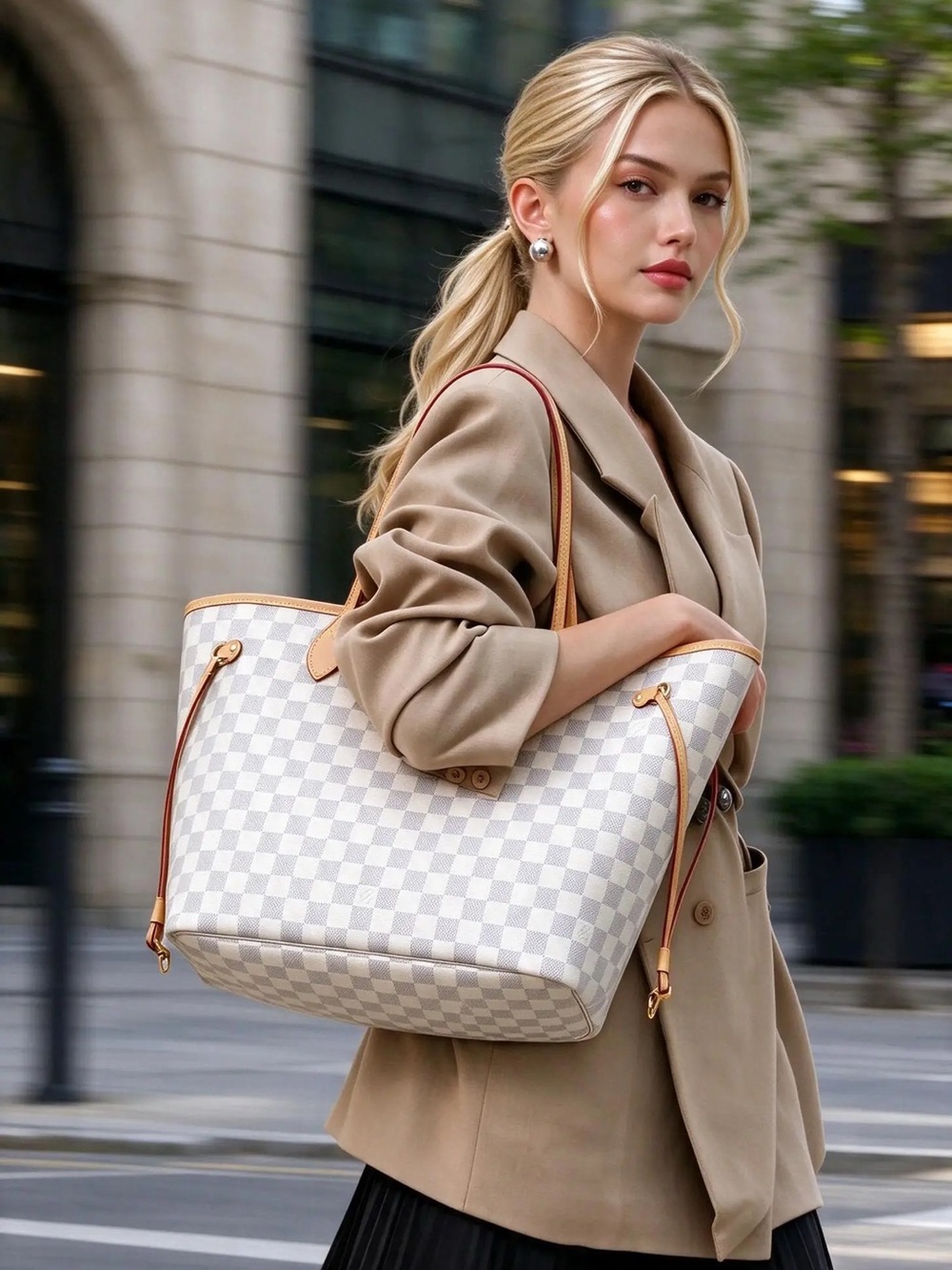 Damier Azur Neverfull MM w/ Pouch, Box & Bag - Like New